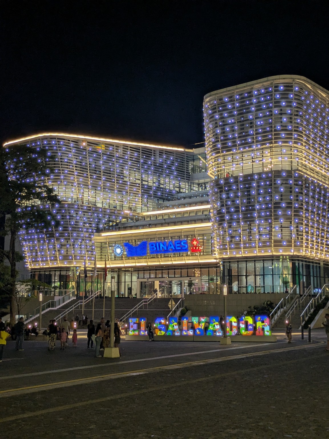 BINAES National Library lit up at night in San Salvador