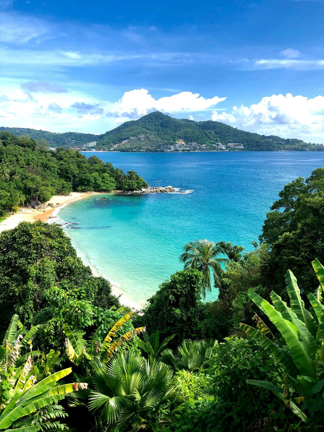 A turquoise cove and white-sand beach in Phuket seen from a jungle viewpoint