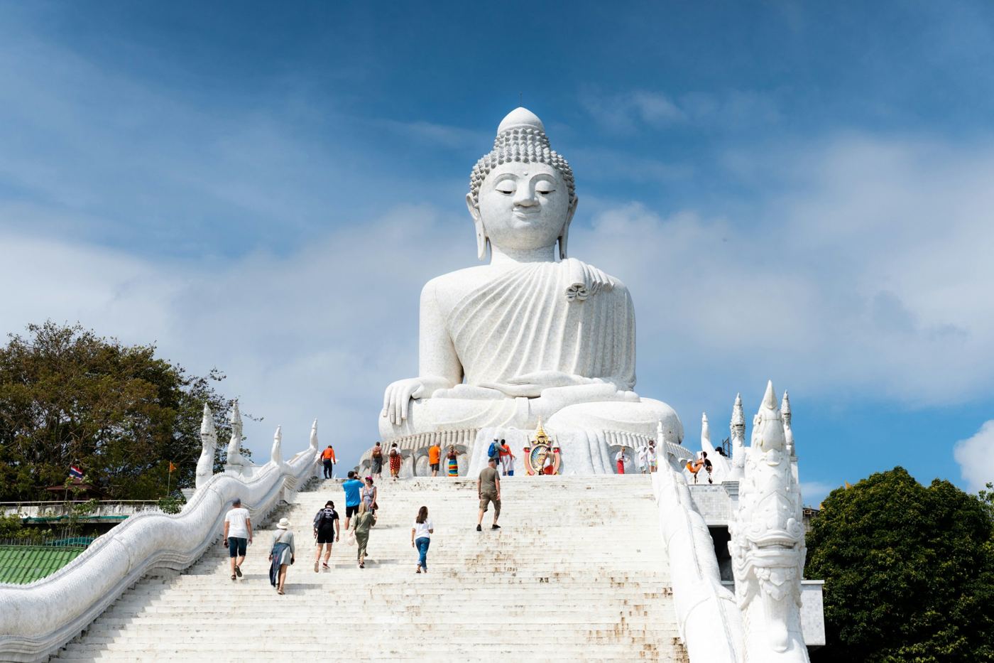 The white marble Big Buddha statue on its hilltop in Phuket